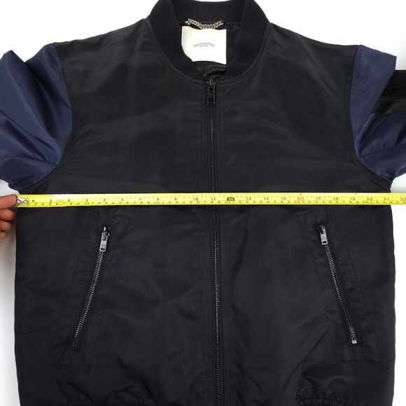 OVADIA & SONS Leather Trim Satin Bomber Jacket Black Minimal Athleisure Aviator - Picture 3 of 14